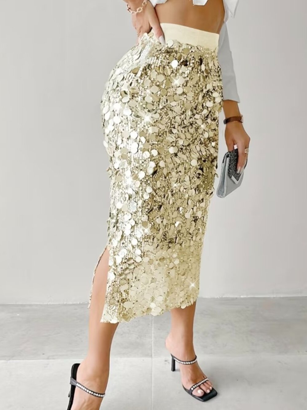 High-waist Stretch Slim-fit Pencil Skirt, Shiny Mid-length Dress